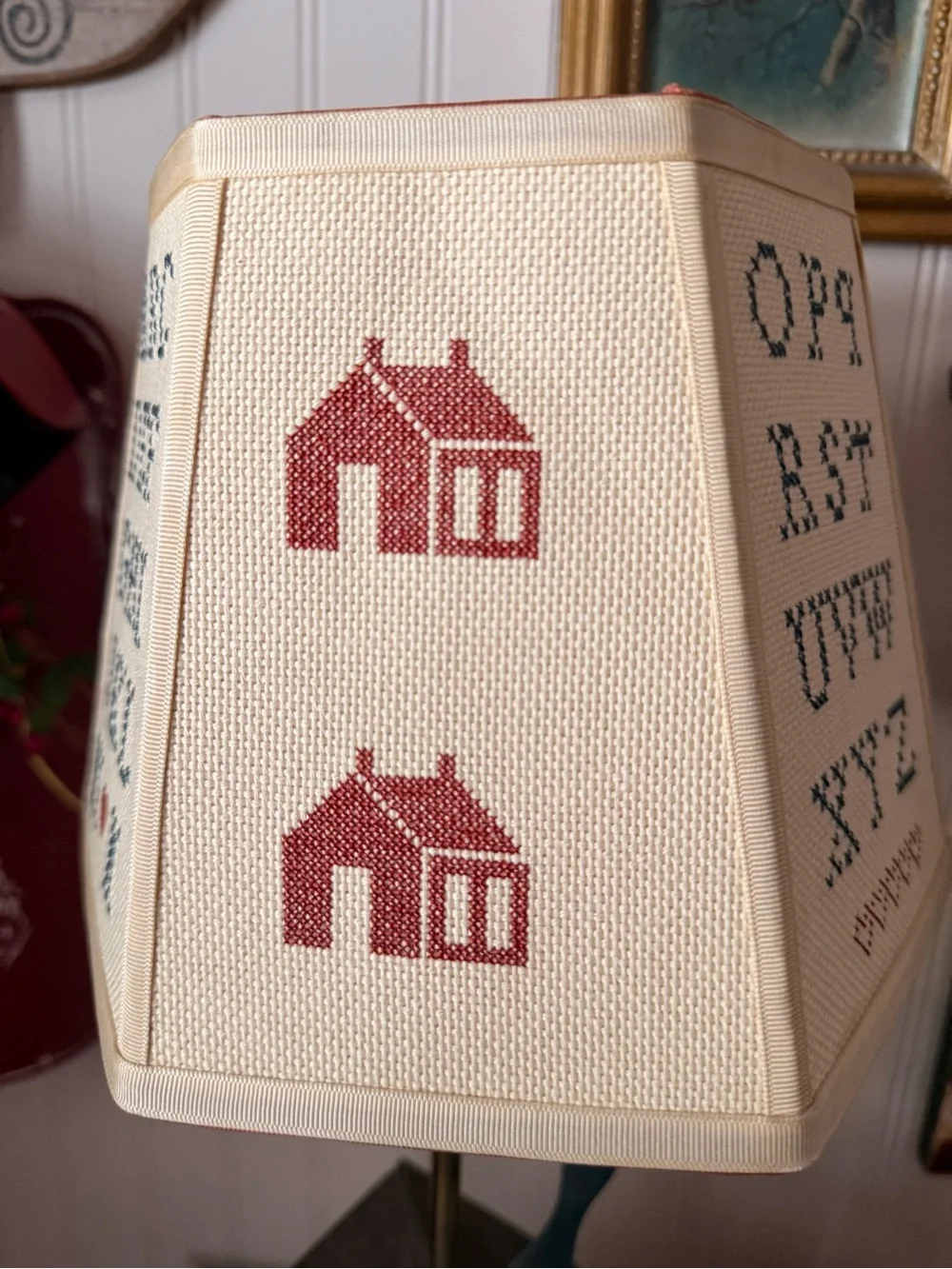 Amazing Vintage Folk Art Primitive Cross Stitch Sampler Lampshade 6-3/4